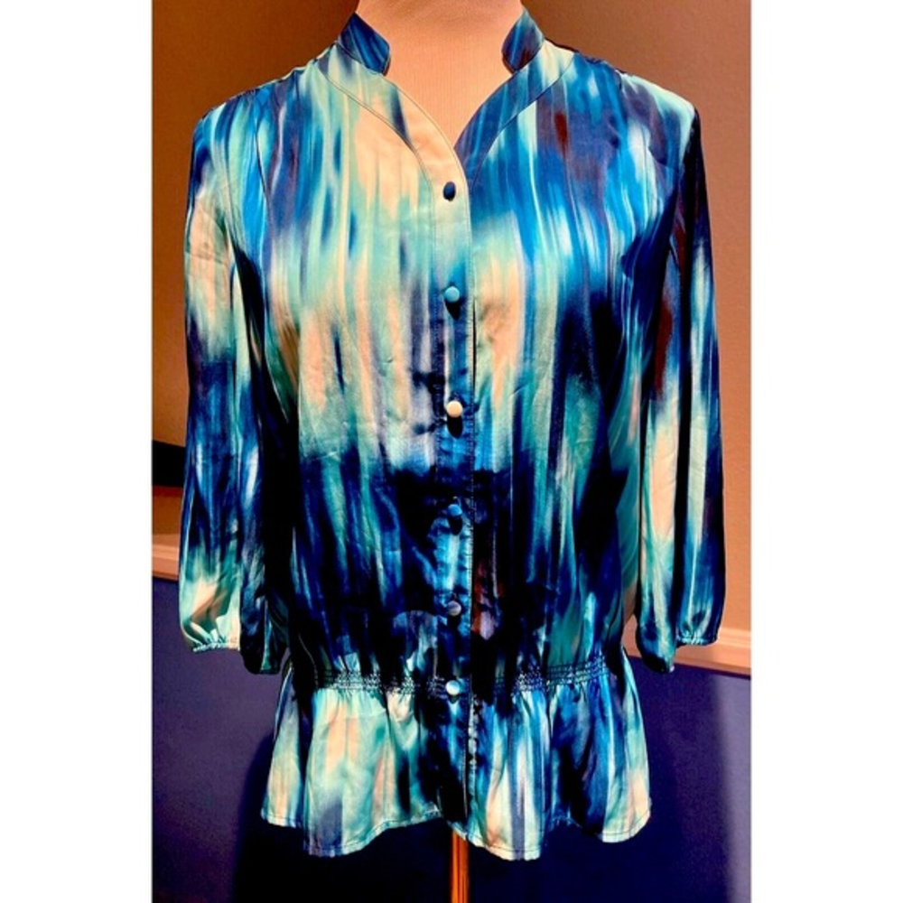 Chico's Blouse Button Up Peplum Striped Blue Workwear Career ~Size S‎